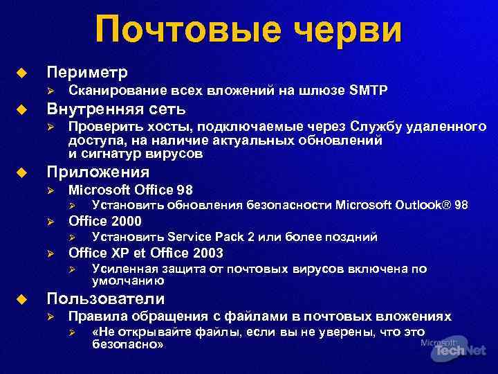 Почтовые черви u Периметр Ø u Внутренняя сеть Ø u Сканирование всех вложений на