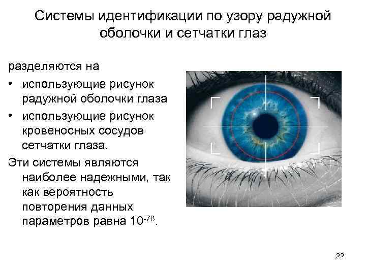 Системы идентификации по узору радужной оболочки и сетчатки глаз разделяются на • использующие рисунок