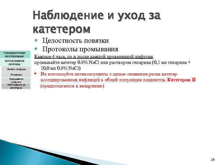 Наблюдение и уход за катетером Периферическая катетеризация Использование катетера Начало инфузии Инъекции Прерывание инфузии