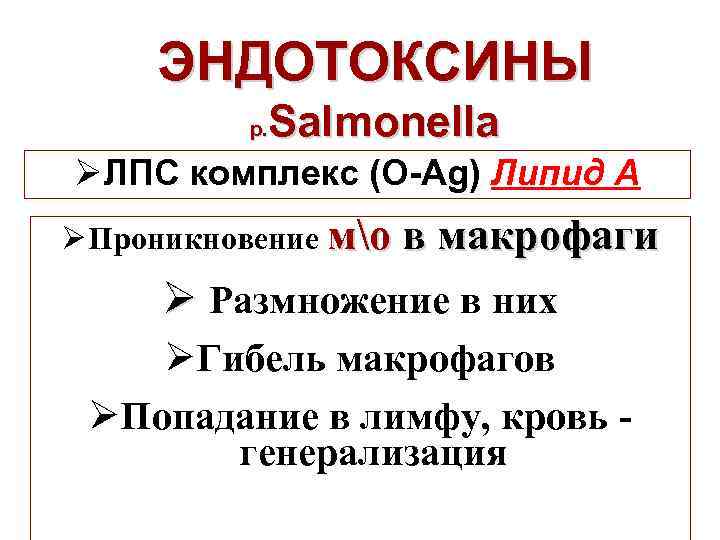 ЭНДОТОКСИНЫ Salmonella р. ØЛПС комплекс (О Ag) Липид А Ø Проникновение мо в макрофаги