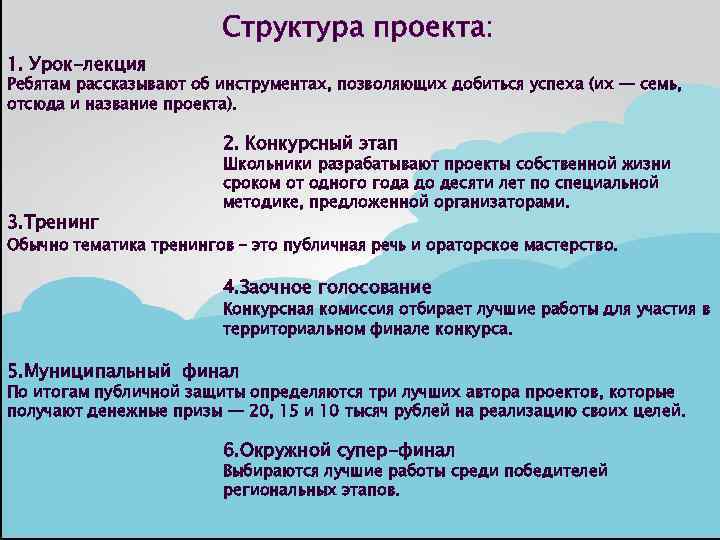 Структура проекта: 1. Урок-лекция Ребятам рассказывают об инструментах, позволяющих добиться успеха (их — семь,