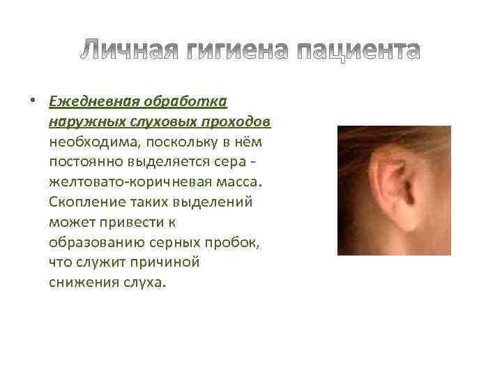  • Ежедневная обработка наружных слуховых проходов необходима, поскольку в нём постоянно выделяется сера