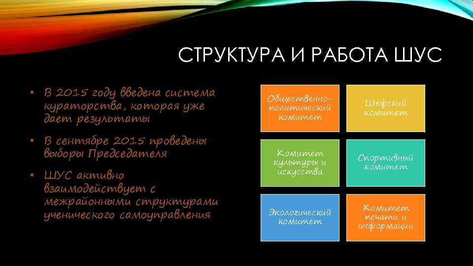СТРУКТУРА И РАБОТА ШУС • В 2015 году введена система кураторства, которая уже дает