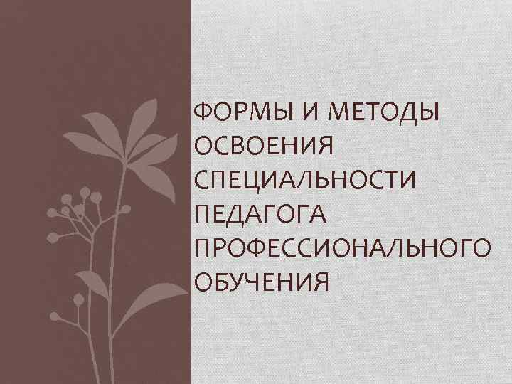 ФОРМЫ И МЕТОДЫ ОСВОЕНИЯ СПЕЦИАЛЬНОСТИ ПЕДАГОГА ПРОФЕССИОНАЛЬНОГО ОБУЧЕНИЯ 