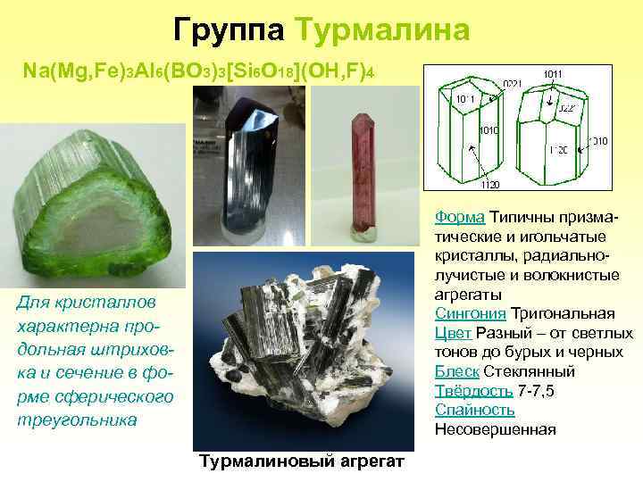 Группа Турмалина Na(Mg, Fe)3 Al 6(BO 3)3[Si 6 O 18](OH, F)4 Форма Типичны призматические