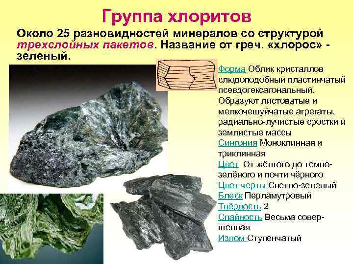 Группа хлоритов Около 25 разновидностей минералов со структурой трехслойных пакетов. Название от греч. «хлорос»