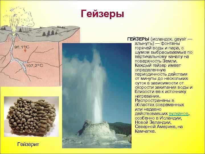 Гейзеры ГЕЙЗЕРЫ (исландск. geysir — хлынуть) — фонтаны горячей воды и пара, с шумом