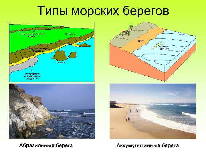 Типы морских берегов Абразионные берега Аккумулятивные берега 