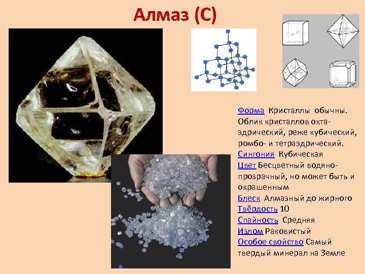 Алмаз (С) Форма Кристаллы обычны. Облик кристаллов октаэдрический, реже кубический, ромбо- и тетраэдрический. Сингония