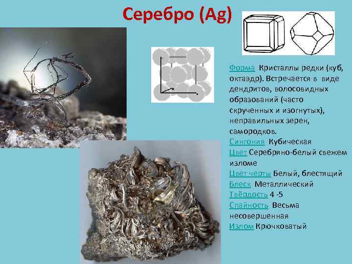 Серебро (Аg) Форма Кристаллы редки (куб, октаэдр). Встречается в виде дендритов, волосовидных образований (часто