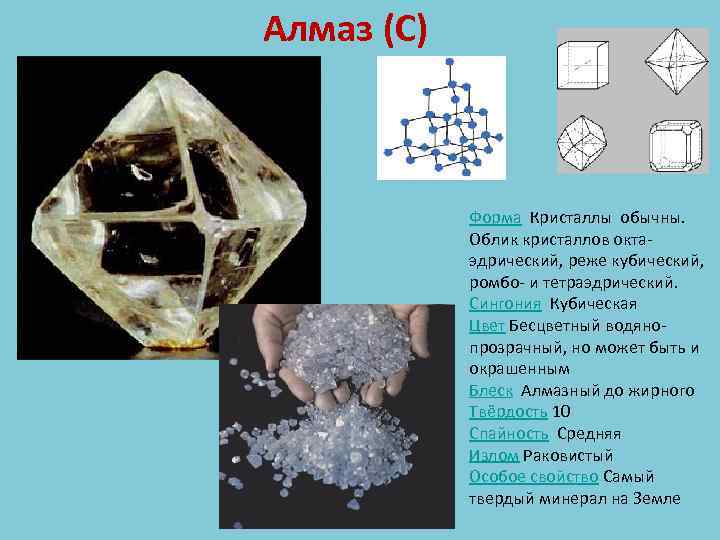 Алмаз (С) Форма Кристаллы обычны. Облик кристаллов октаэдрический, реже кубический, ромбо- и тетраэдрический. Сингония