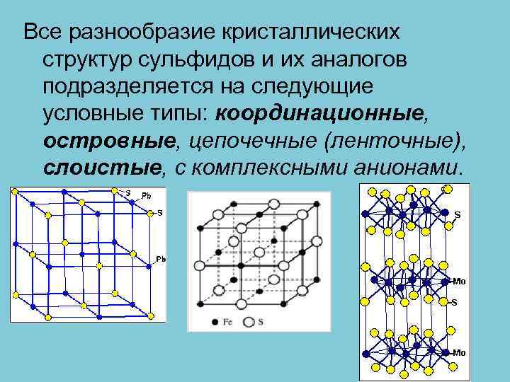 Все разнообразие кристаллических структур сульфидов и их аналогов подразделяется на следующие условные типы: координационные,