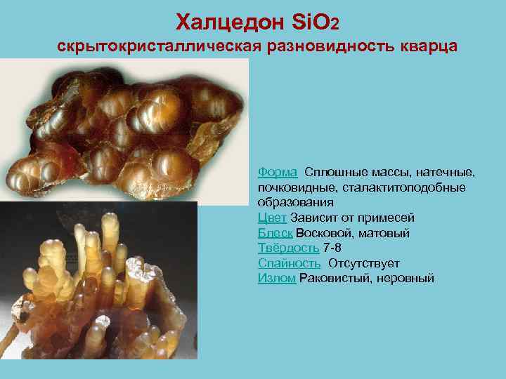 Халцедон Si. O 2 скрытокристаллическая разновидность кварца Форма Сплошные массы, натечные, почковидные, сталактитоподобные образования