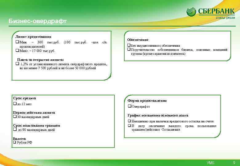 Бизнес-овердрафт Лимит кредитования q Мин. – 300 тыс. руб. (100 тыс. руб. –для с/х