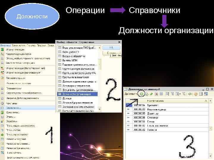Должности Операции Справочники Должности организации 