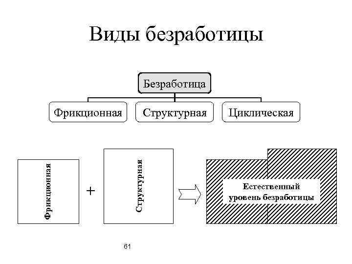 Виды безработицы Безработица Структурная Фрикционная + 61 Циклическая Естественный уровень безработицы 