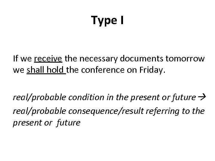 Type I If we receive the necessary documents tomorrow we shall hold the conference