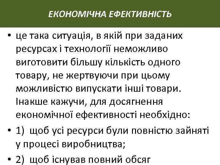 ЕКОНОМІЧНА ЕФЕКТИВНІСТЬ • це така ситуація, в якій при заданих ресурсах і технології неможливо