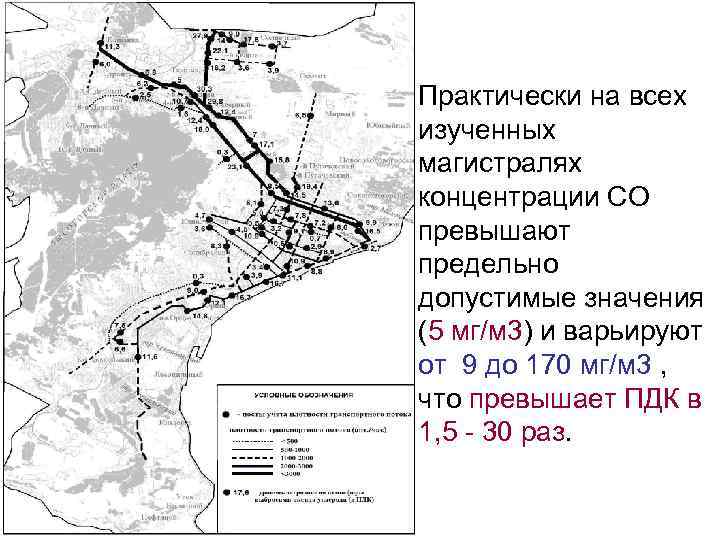 Практически на всех изученных магистралях концентрации СО превышают предельно допустимые значения (5 мг/м 3)