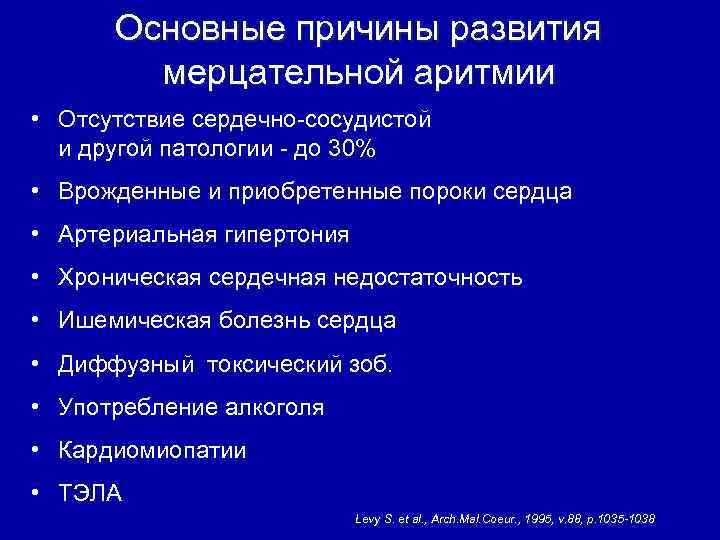 Основные причины развития мерцательной аритмии • Отсутствие сердечно-сосудистой и другой патологии - до 30%