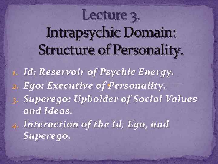 Lecture 3. Intrapsychic Domain: Structure of Personality. 1. Id: Reservoir of Psychic Energy. 2.