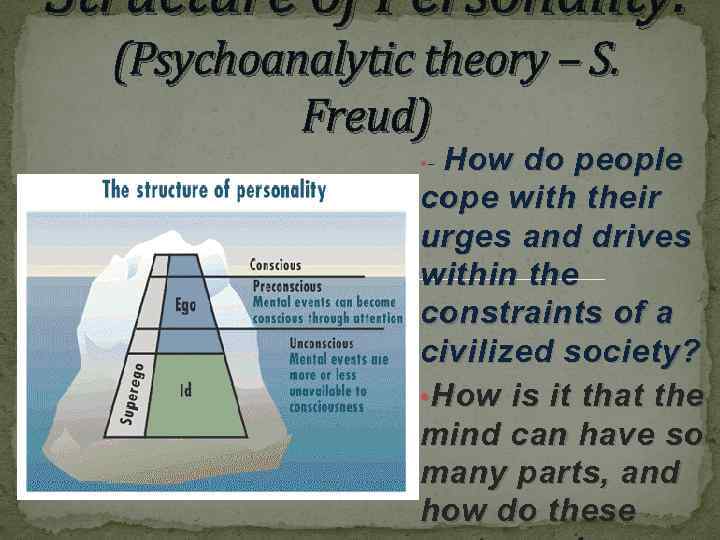 Structure of Personality. (Psychoanalytic theory – S. Freud) How do people cope with their
