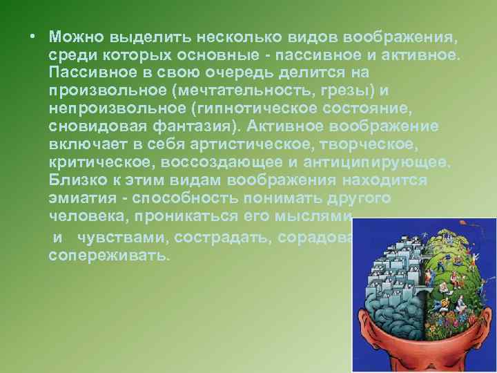  • Можно выделить несколько видов воображения, среди которых основные - пассивное и активное.