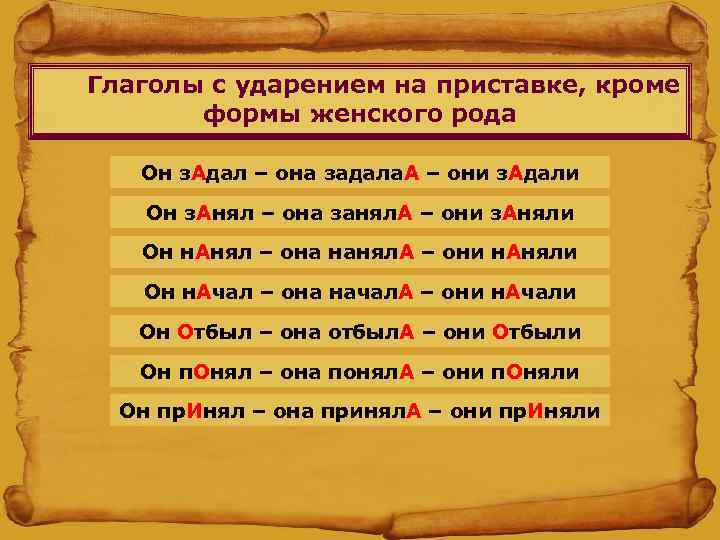 Глаголы с ударением на приставке, кроме формы женского рода Он з. Адал – она