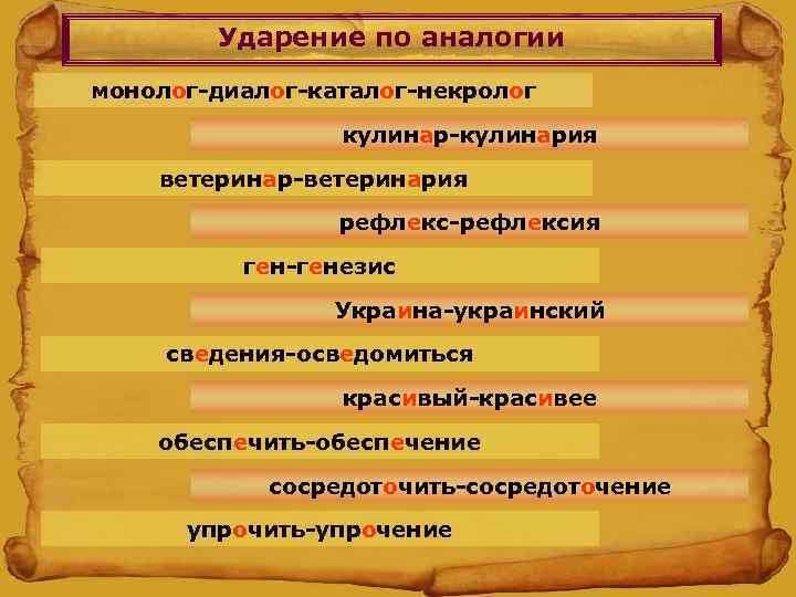 Ударение по аналогии монолог-диалог-каталог-некролог кулинар-кулинария ветеринар-ветеринария рефлекс-рефлексия ген-генезис Украина-украинский сведения-осведомиться красивый-красивее обеспечить-обеспечение сосредоточить-сосредоточение упрочить-упрочение