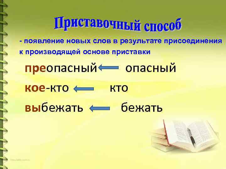 - появление новых слов в результате присоединения к производящей основе приставки преопасный опасный кое-кто