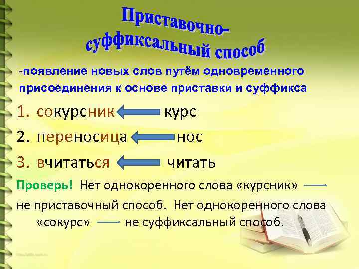 -появление новых слов путём одновременного присоединения к основе приставки и суффикса 1. сокурсник курс