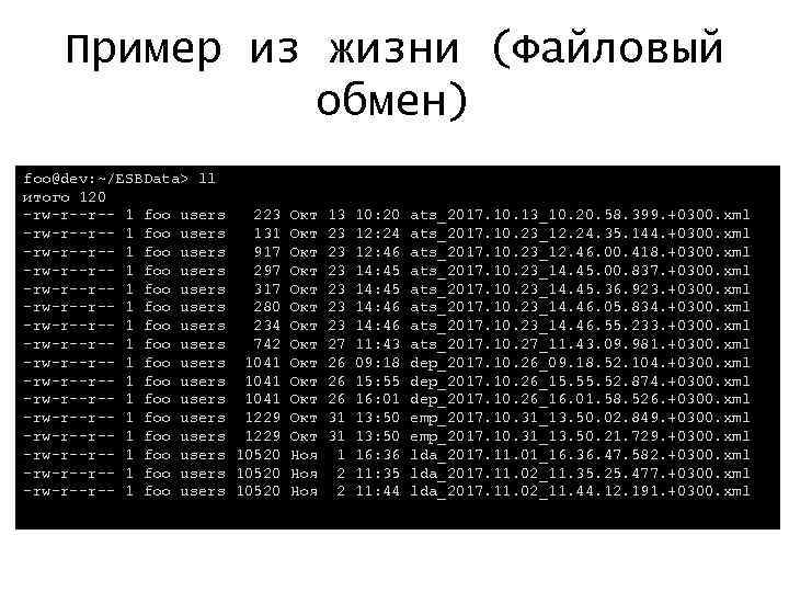 Пример из жизни (Файловый обмен) foo@dev: ~/ESBData> ll итого 120 -rw-r--r-- 1 foo users