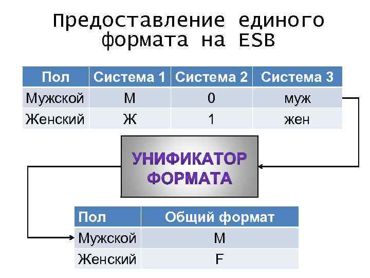 Предоставление единого формата на ESB Пол Система 1 Система 2 Система 3 Мужской M