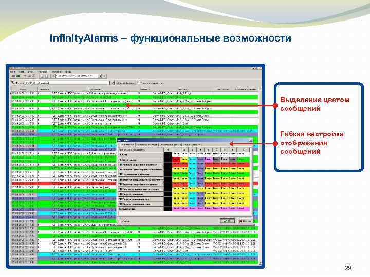 Infinity. Alarms – функциональные возможности Выделение цветом сообщений Гибкая настройка отображения сообщений 29 