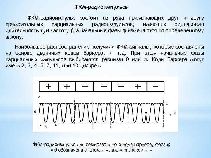 ФКМ-радиоимпульсы ФКМ-радиоимпульс состоит из ряда примыкающих друг к другу прямоугольных парциальных радиоимпульсов, имеющих одинаковую