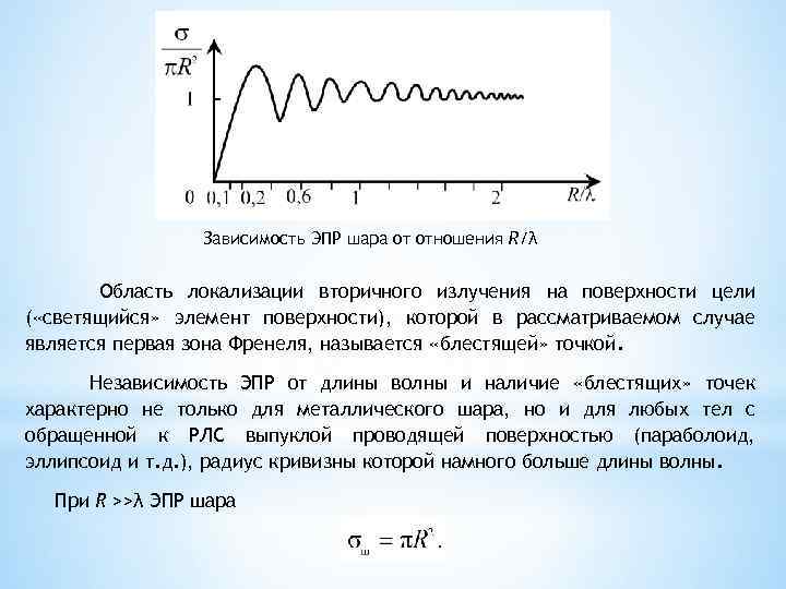 Зависимость ЭПР шара от отношения R/λ Область локализации вторичного излучения на поверхности цели (