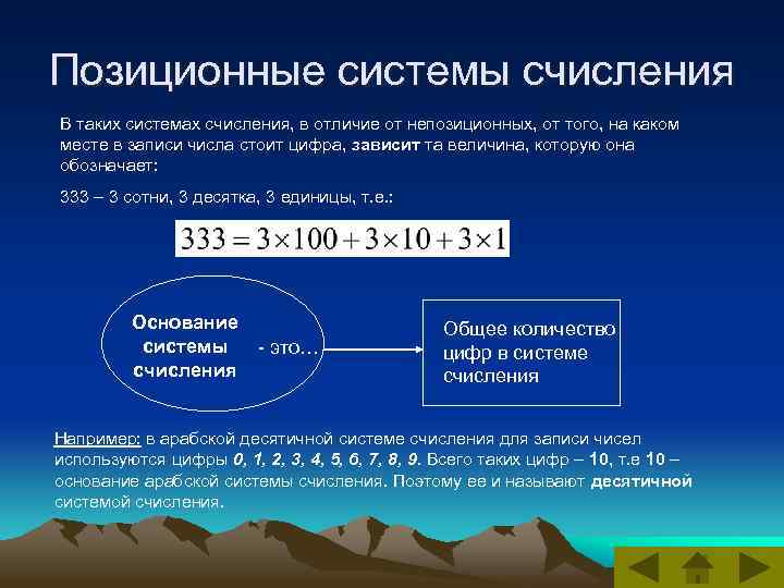 Позиционные системы счисления В таких системах счисления, в отличие от непозиционных, от того, на
