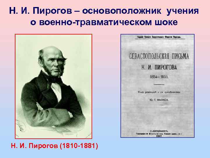 Н. И. Пирогов – основоположник учения о военно-травматическом шоке Н. И. Пирогов (1810 -1881)