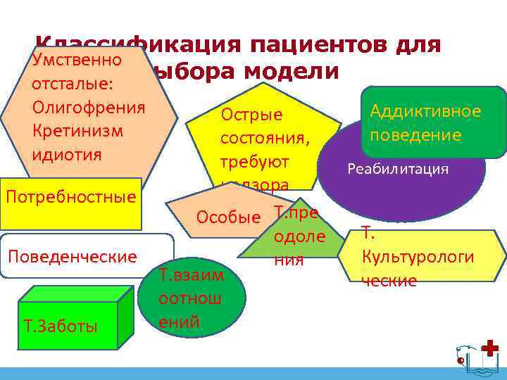 Классификация пациентов для Умственно выбора модели отсталые: Олигофрения Кретинизм идиотия Потребностные Поведенческие Т. Заботы