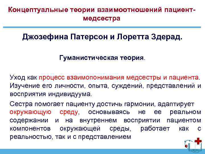 Концептуальные теории взаимоотношений пациентмедсестра Джозефина Патерсон и Лоретта Здерад. Гуманистическая теория. Уход как процесс