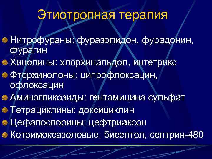 Этиотропная терапия Нитрофураны: фуразолидон, фурадонин, фурагин Хинолины: хлорхинальдол, интетрикс Фторхинолоны: ципрофлоксацин, офлоксацин Аминогликозиды: гентамицина
