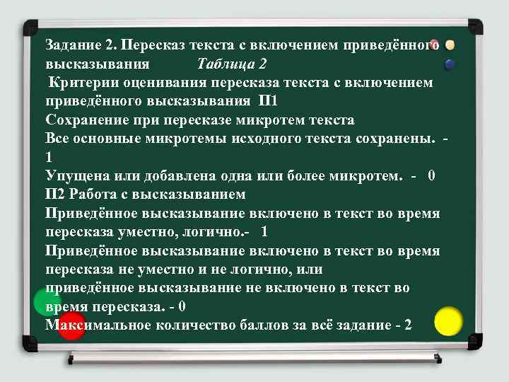 Задание 2. Пересказ текста с включением приведённого высказывания Таблица 2 Критерии оценивания пересказа текста