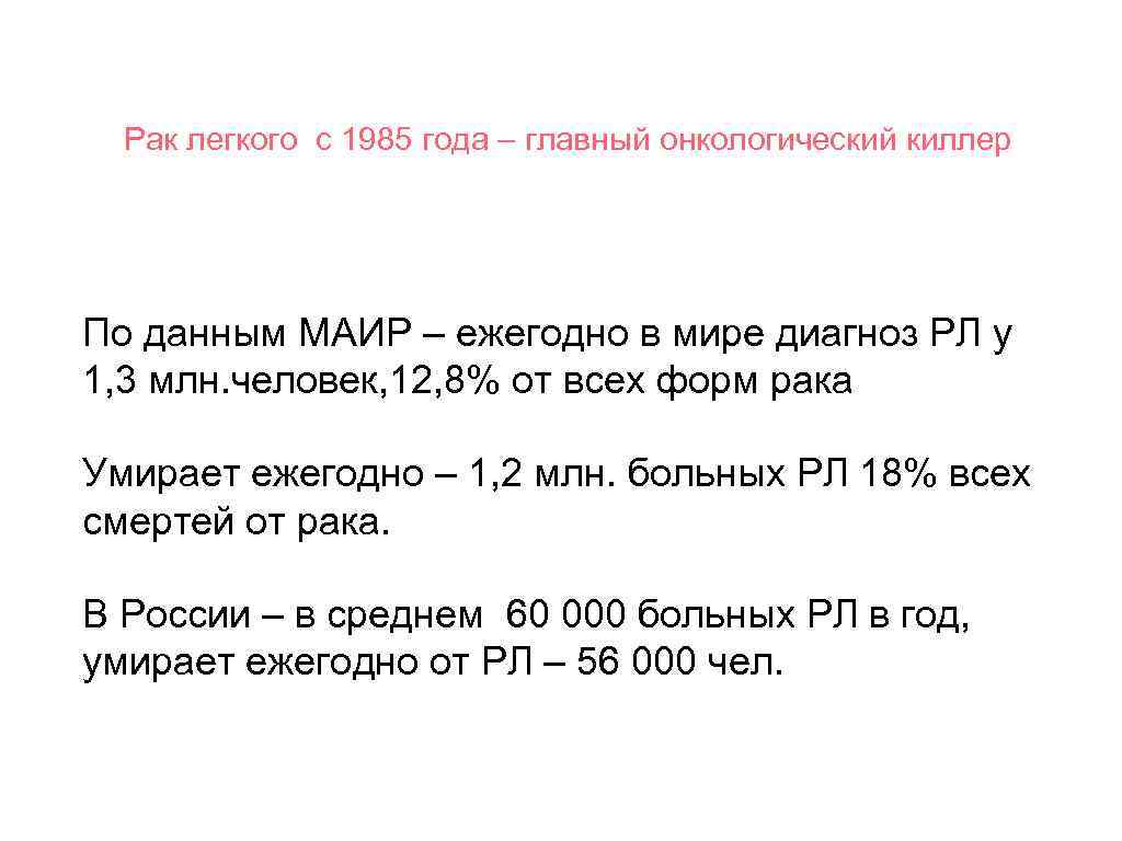  Рак легкого с 1985 года – главный онкологический киллер По данным МАИР –