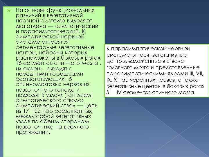 На основе функциональных различий в вегетативной нервной системе выделяют два отдела — симпатический