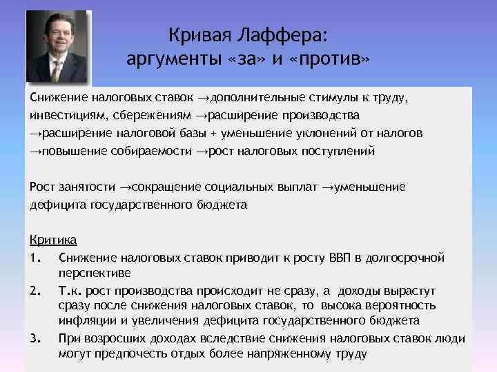 Кривая Лаффера: аргументы «за» и «против» Снижение налоговых ставок →дополнительные стимулы к труду, инвестициям,