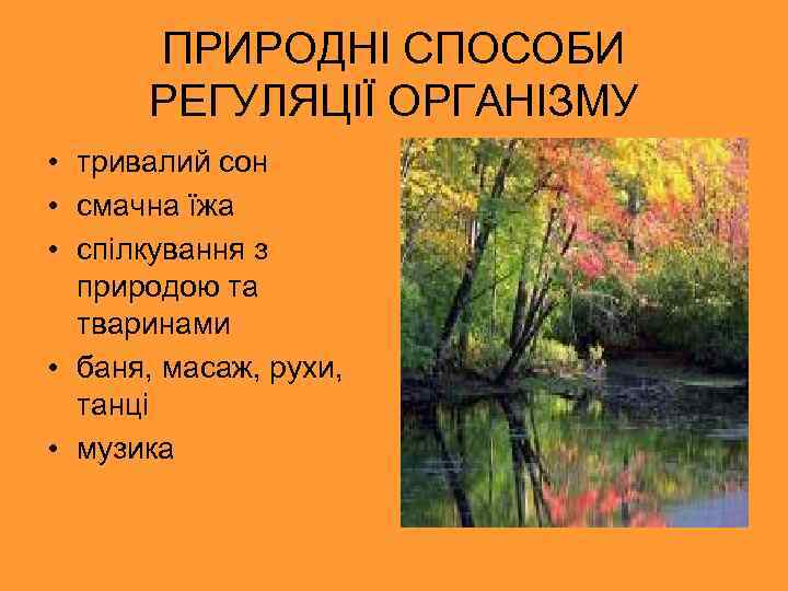 ПРИРОДНІ СПОСОБИ РЕГУЛЯЦІЇ ОРГАНІЗМУ • тривалий сон • смачна їжа • спілкування з природою