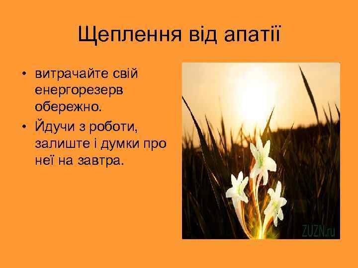 Щеплення від апатії • витрачайте свій енергорезерв обережно. • Йдучи з роботи, залиште і