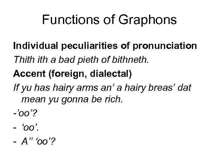 Functions of Graphons Individual peculiarities of pronunciation Thith a bad pieth of bithneth. Accent