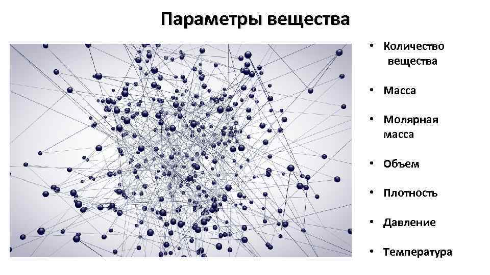 Параметры вещества • Количество вещества • Масса • Молярная масса • Объем • Плотность