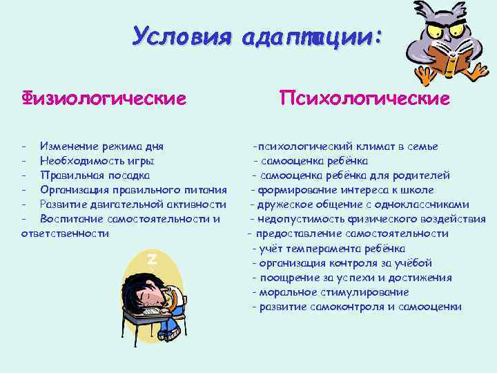 Условия адаптации: Физиологические - Изменение режима дня - Необходимость игры - Правильная посадка -